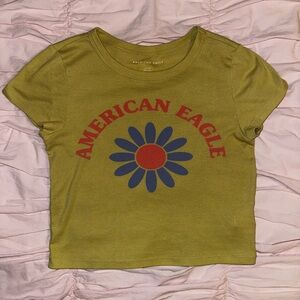 American Eagle Green Tee with Red and Blue Graphic